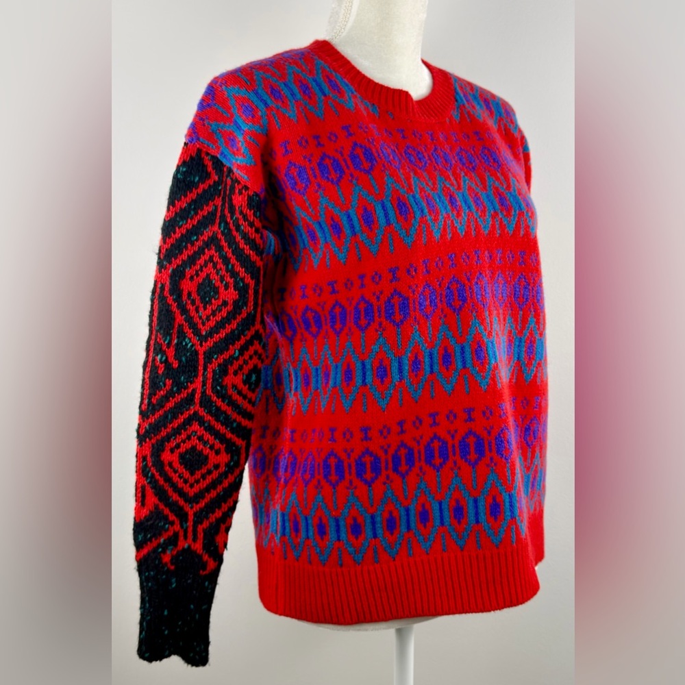 J. Crew Women’s Diamond Fair Isle Sweater Red Lambswool Size XS Cozy Nordic Ski - Picture 3 of 8